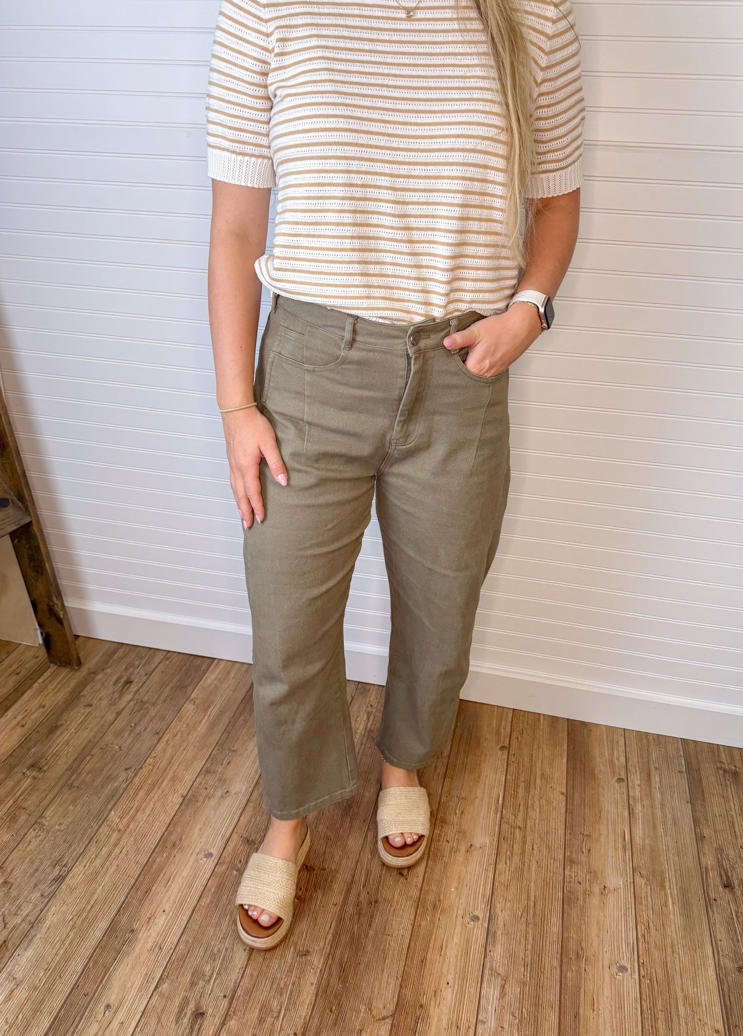 Midrise Barrel Cotton Twill Denim - Olive