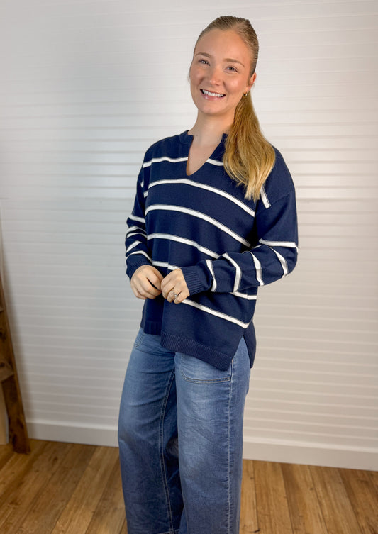 Split Neck Striped Sweater (3 colors)
