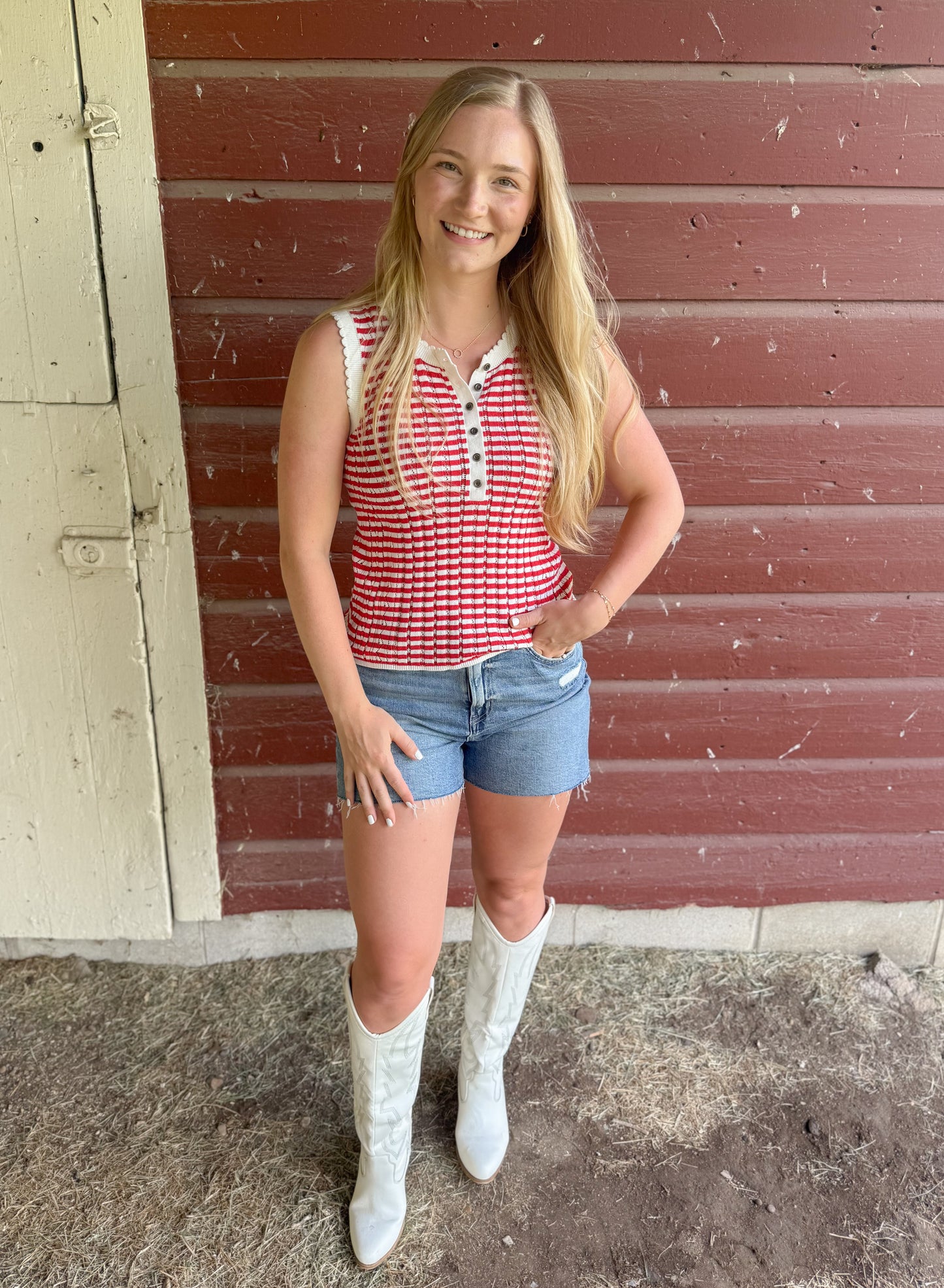 Striped Pointel Cotton Tank - Red/Off White