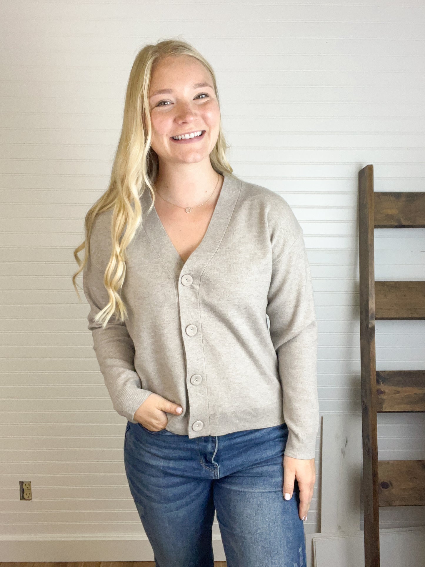 V-Neck Sweater Cardigan - Mushroom