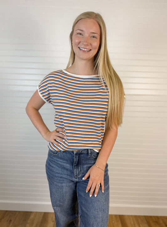 Striped Soft Cap Sleeve Top - Blue/Copper