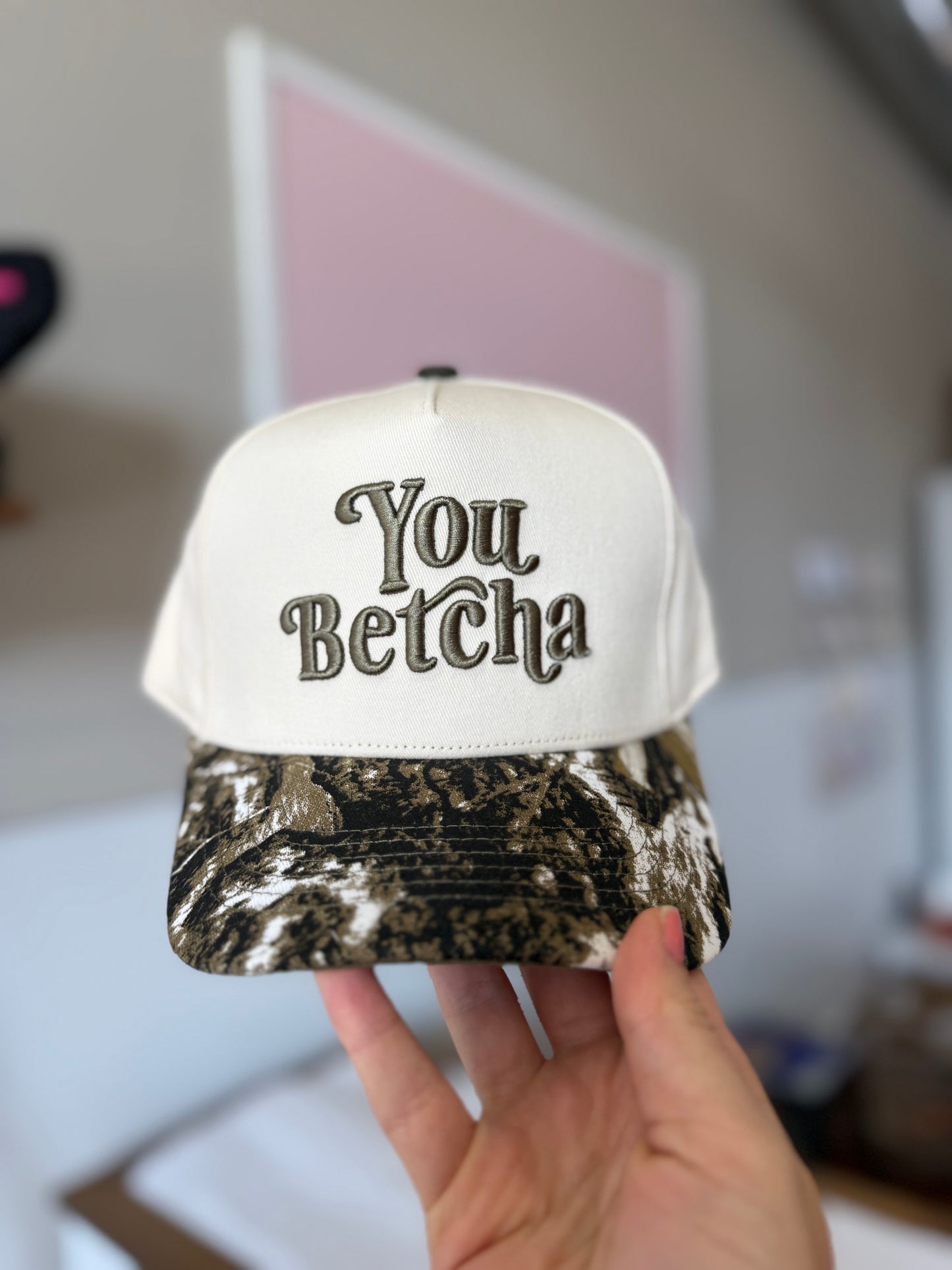 You Betcha Embroidered Hat - Camo/Cream