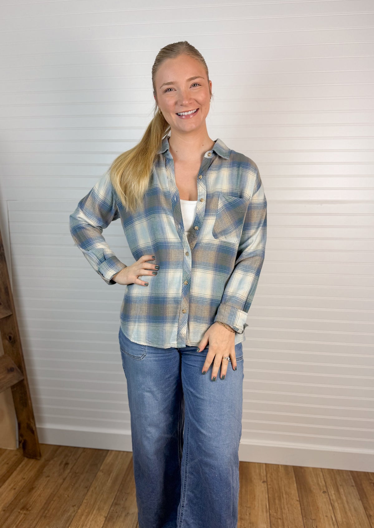 Vintage Plaid Flannel Top - Retro Blue