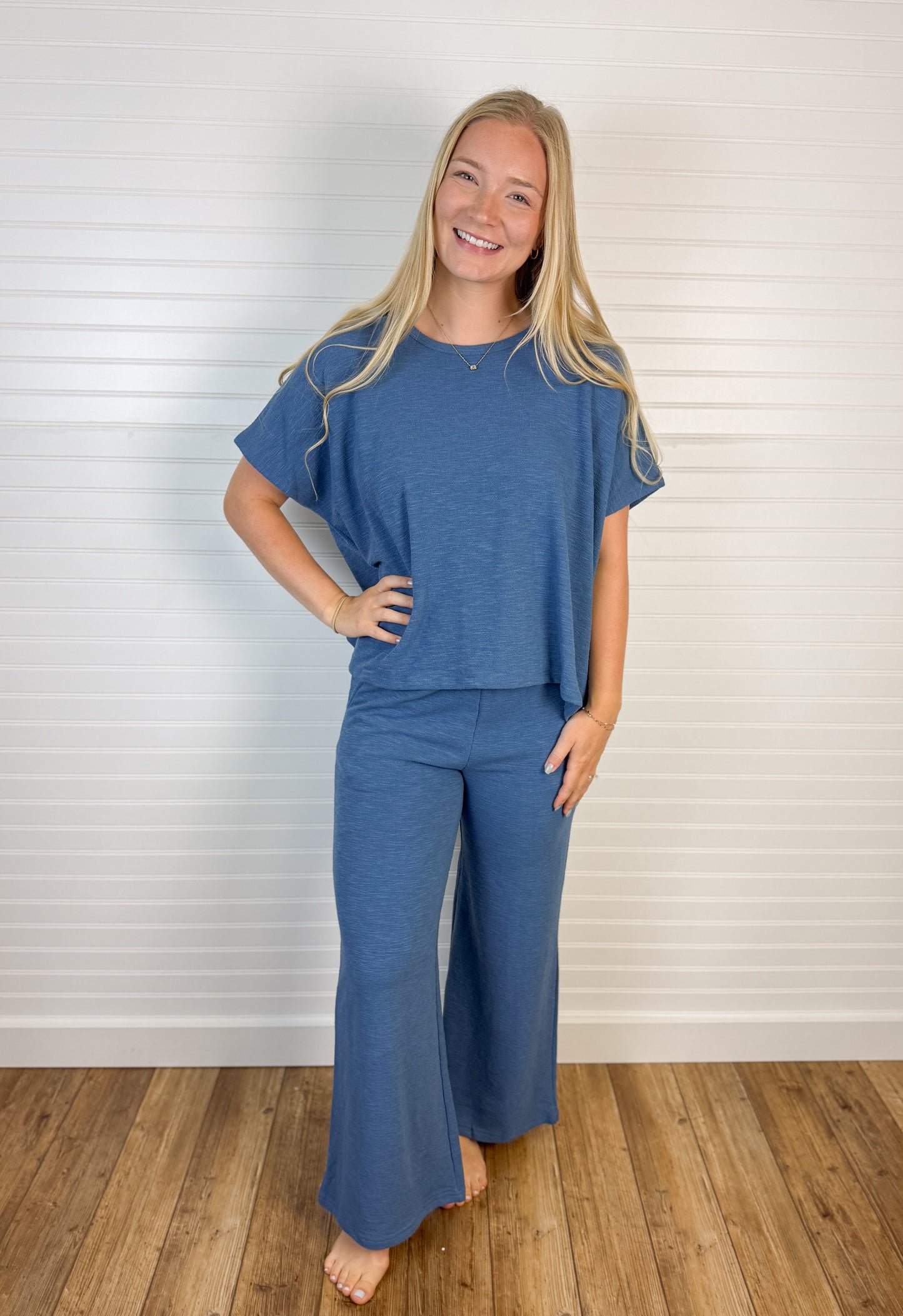 Cotton Blend Slub Top & Pant Set - Blue