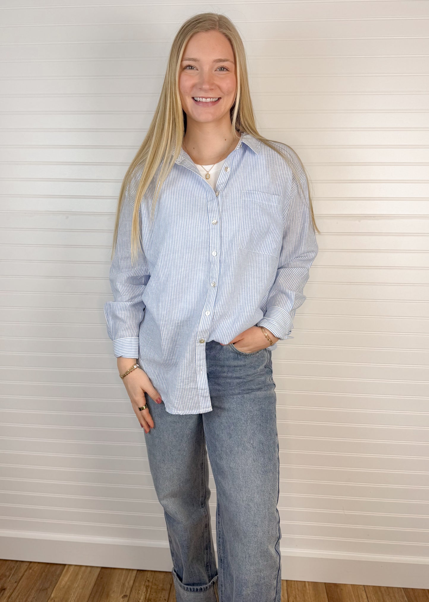 Linen Pinstripe Button Up Top - Blue