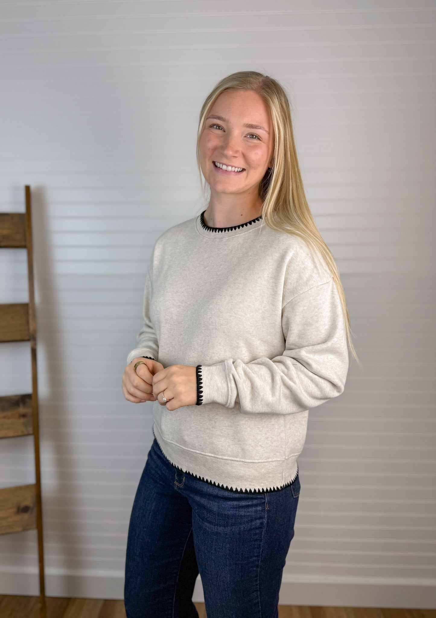 Stitch Detail Soft Crewneck Top - Oatmeal