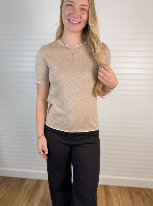 Layered Look Knit Short Sleeve Top - Sand
