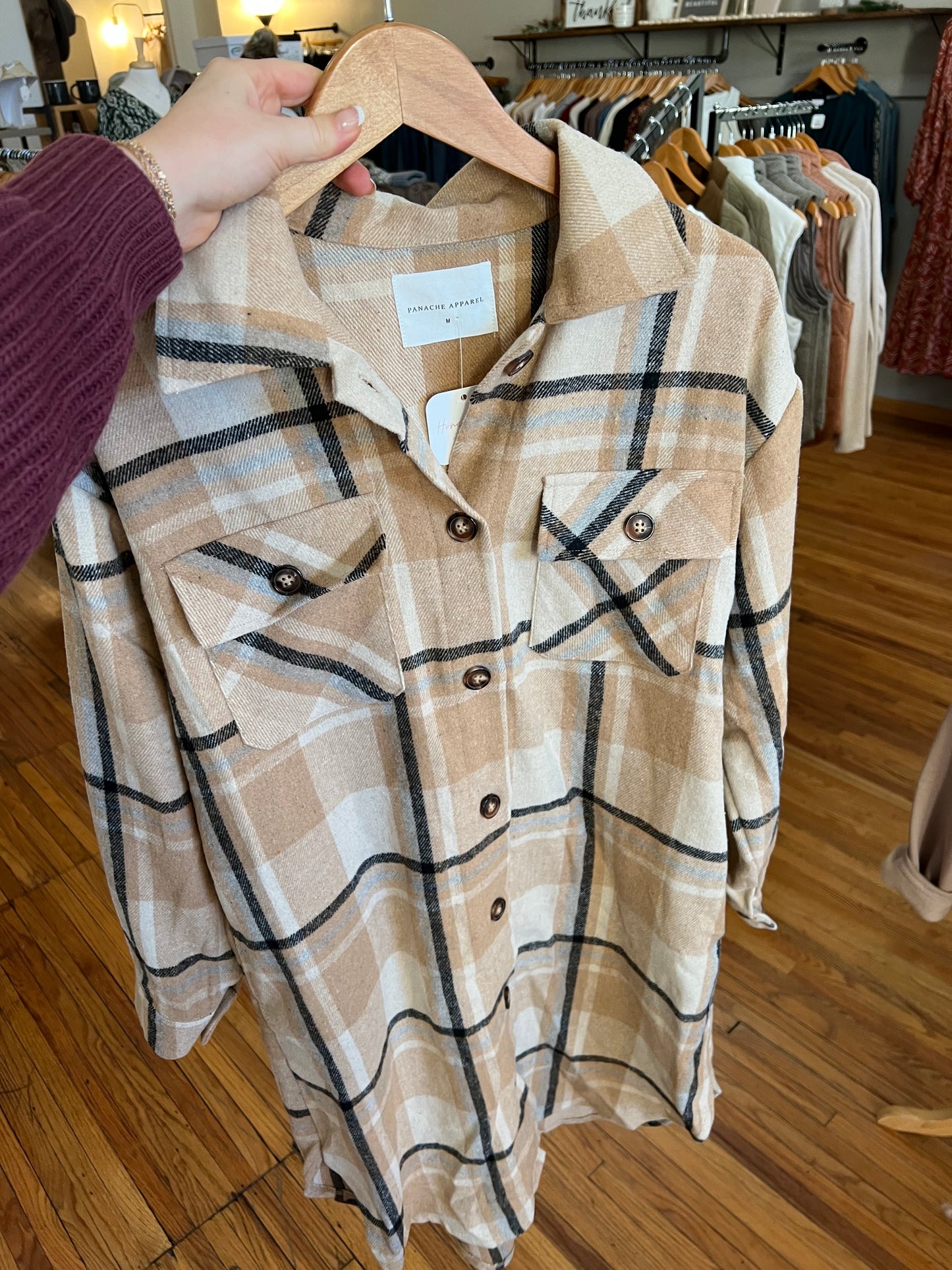 Plaid Long Shacket - Tan/Beige/Black