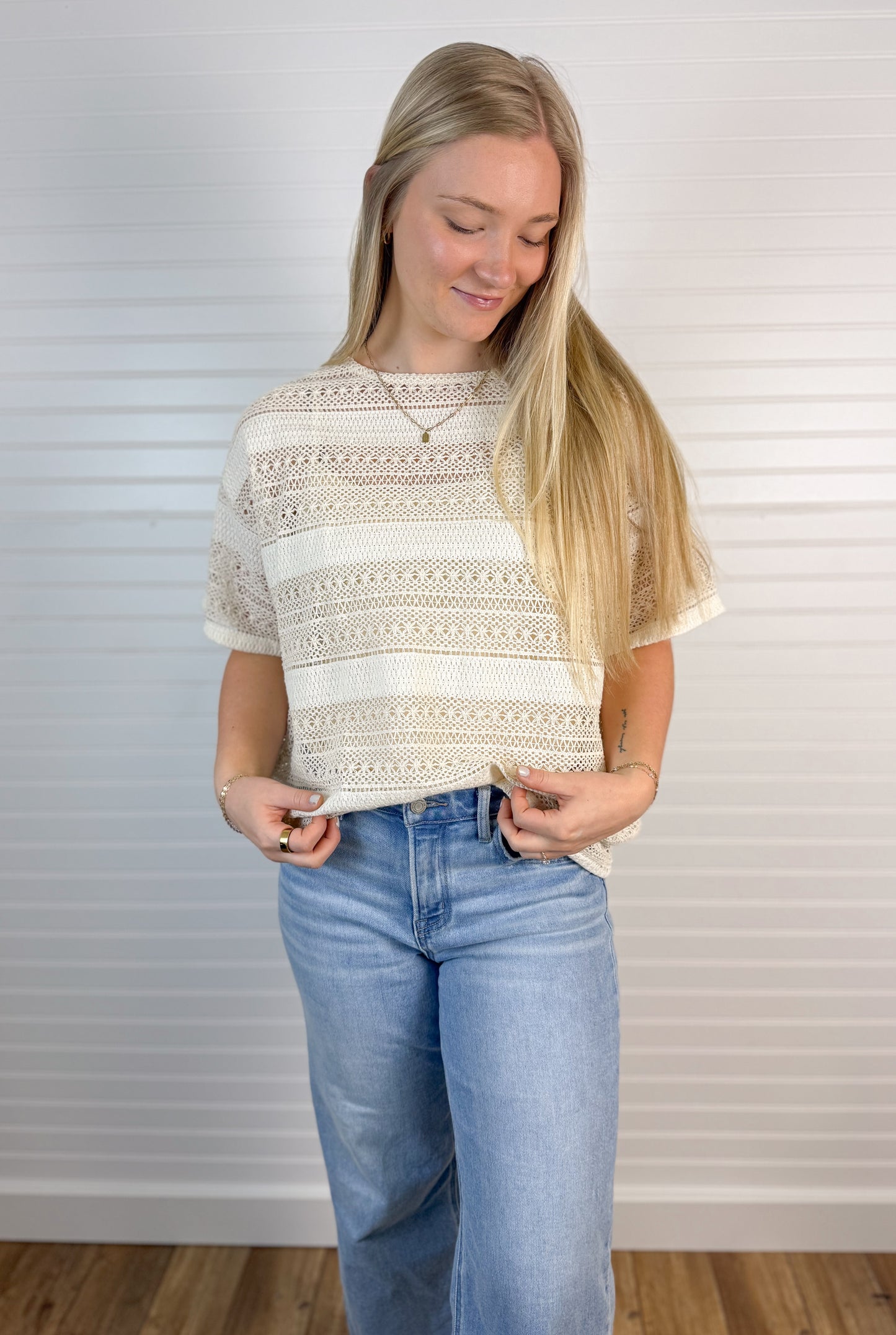 Crochet Knit Cami Inserted Top - Cream
