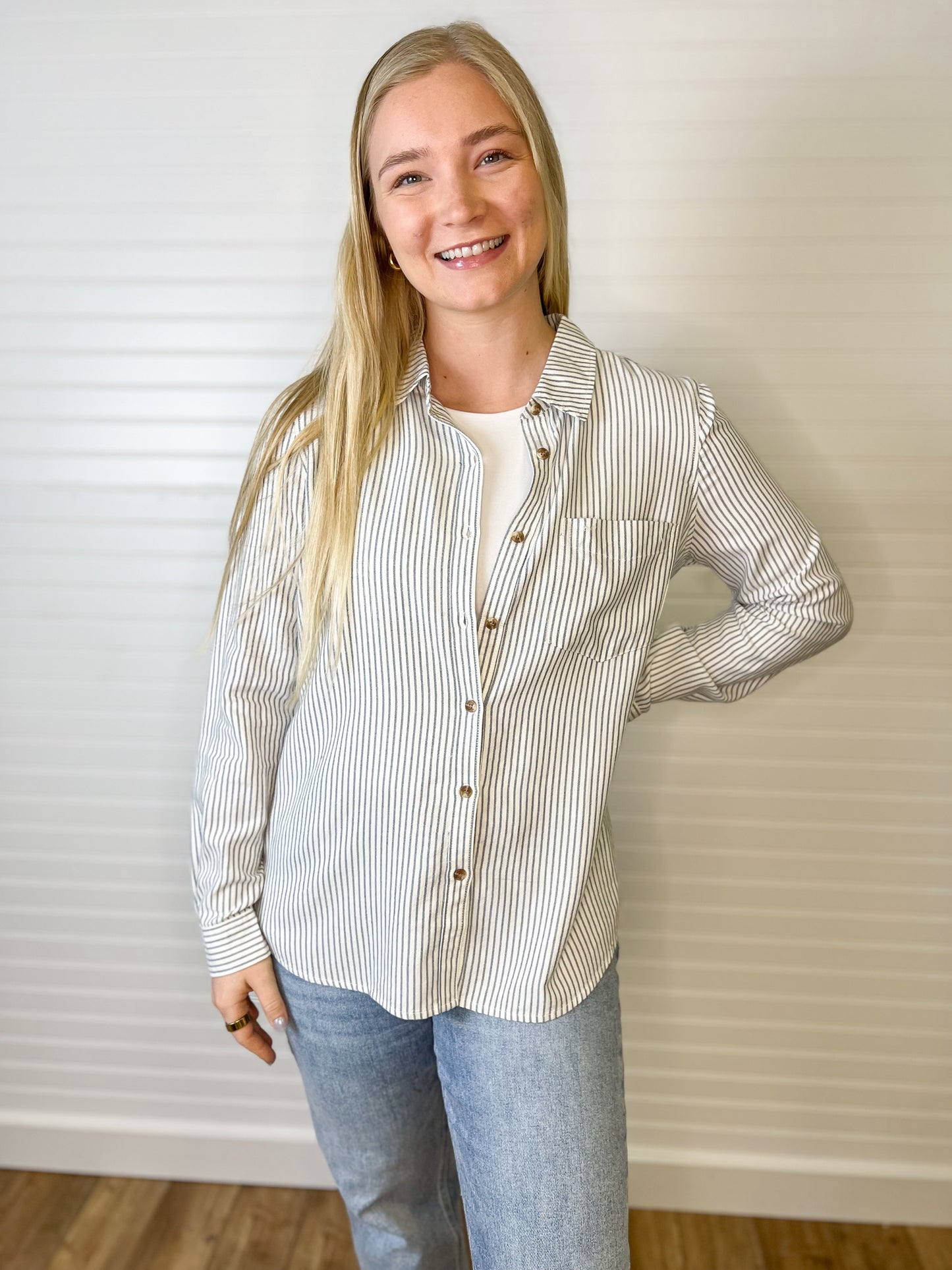 Pinstripe Button Up Long Sleeve Top - Denim/Ivory