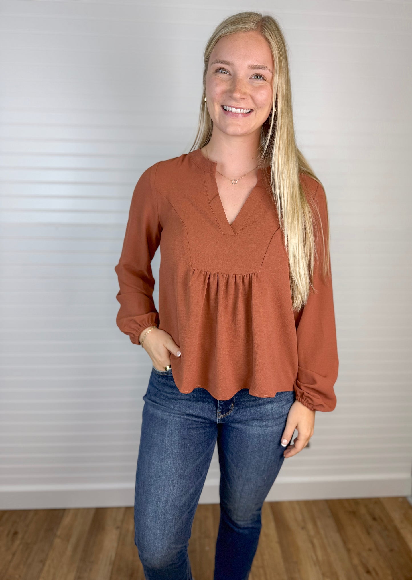 Long Sleeve V-Neck Blouse - Camel