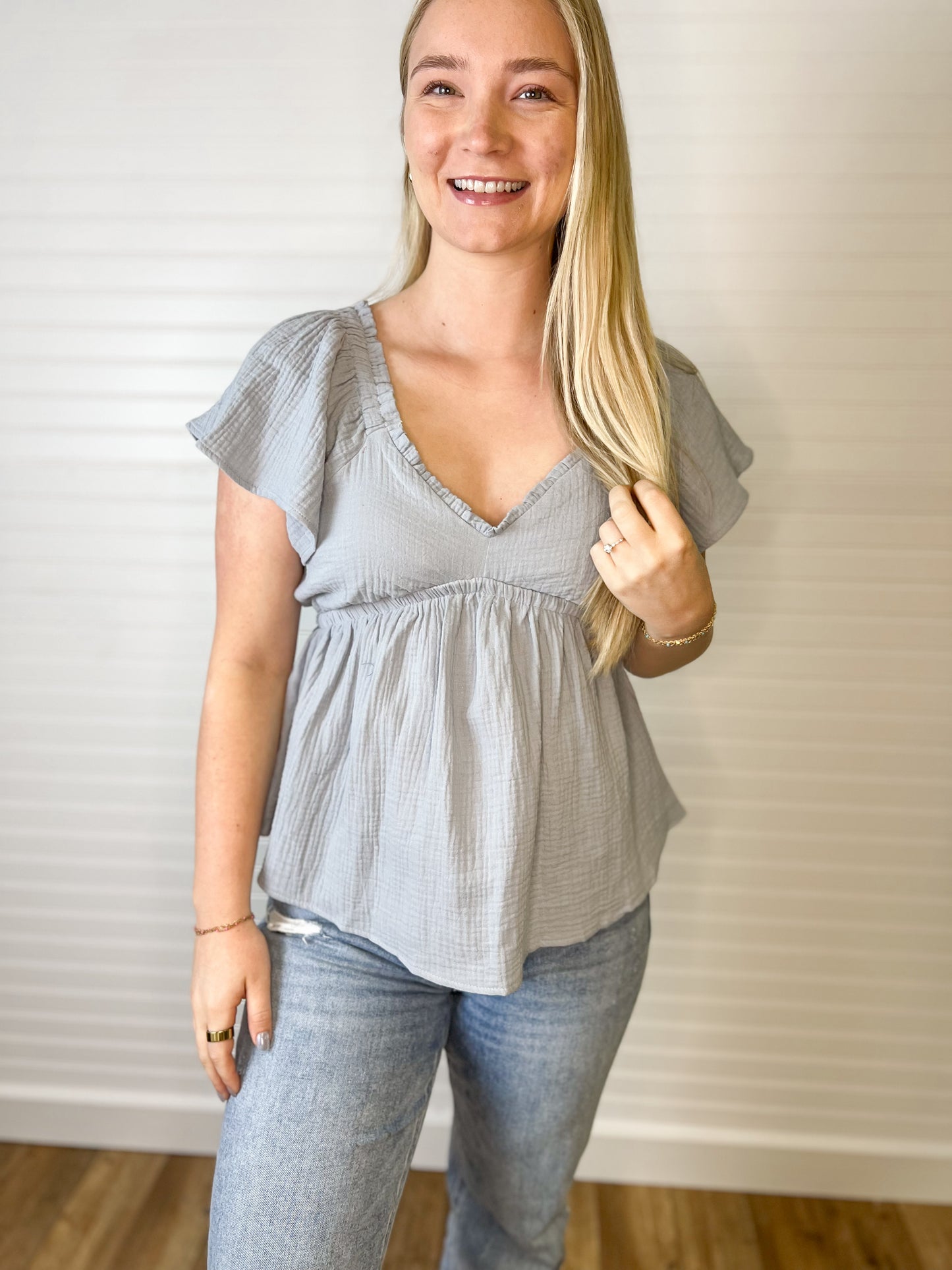 Cotton Gauze Babydoll Top - Light Blue