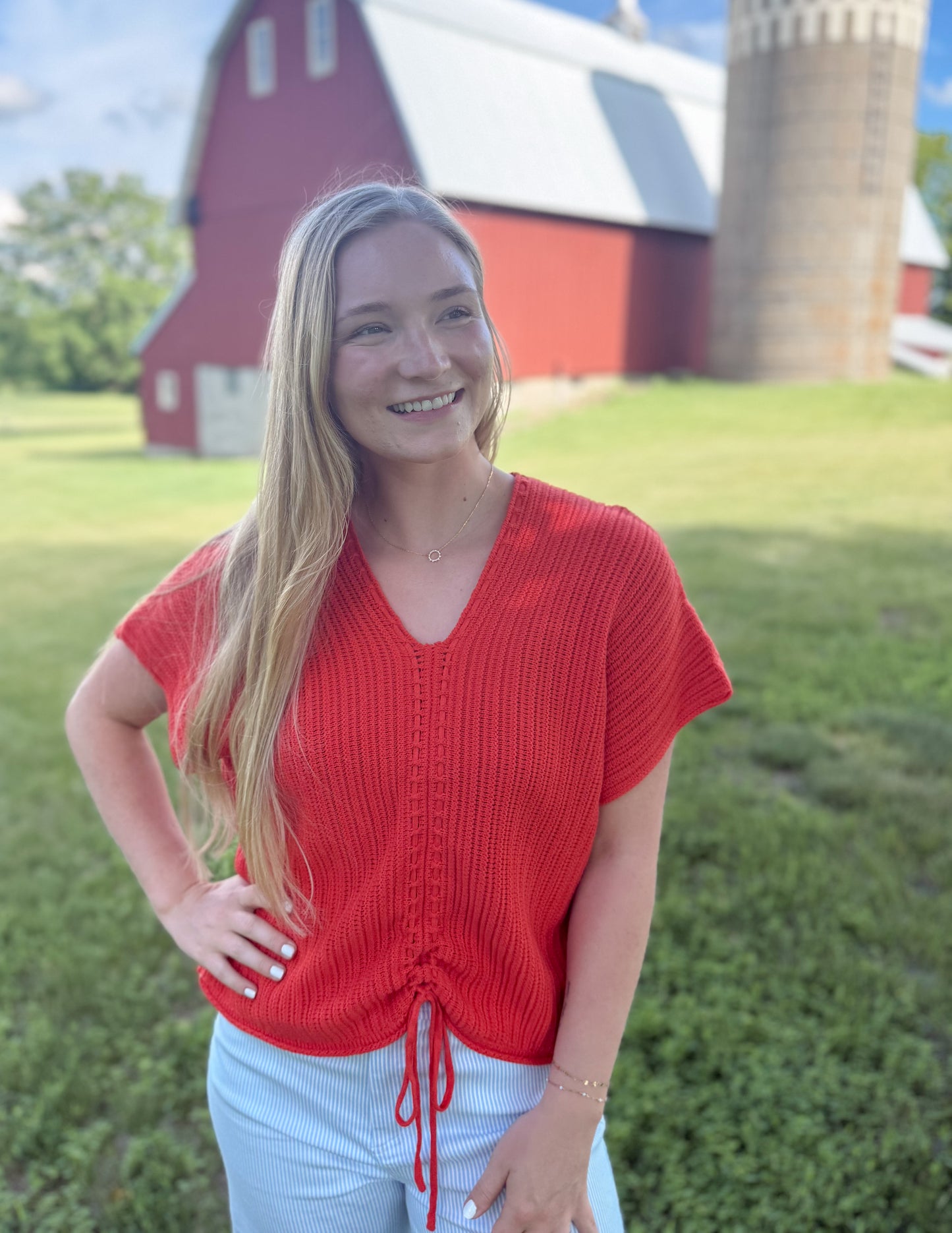 Knit Relaxed Ruched top - Tomato