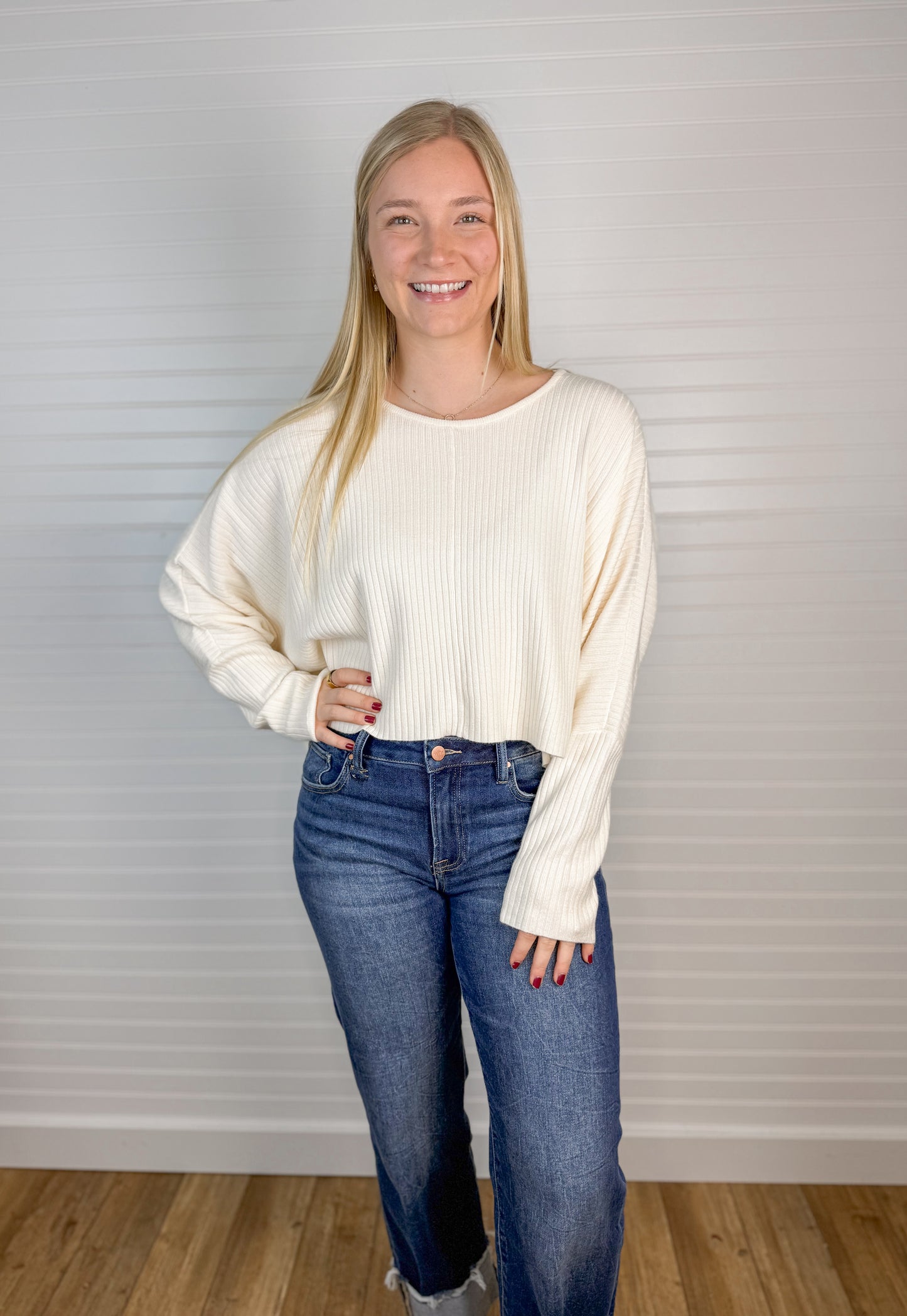 Ribbed Knit Round Neck Sweater - Cream