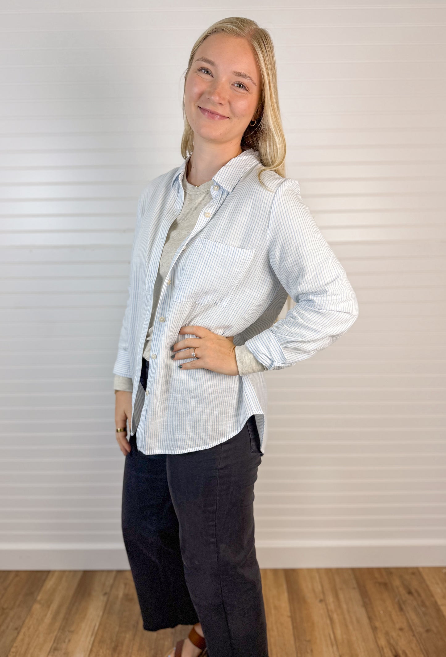 Pinstripe Cotton Blend Button Up - Light Blue