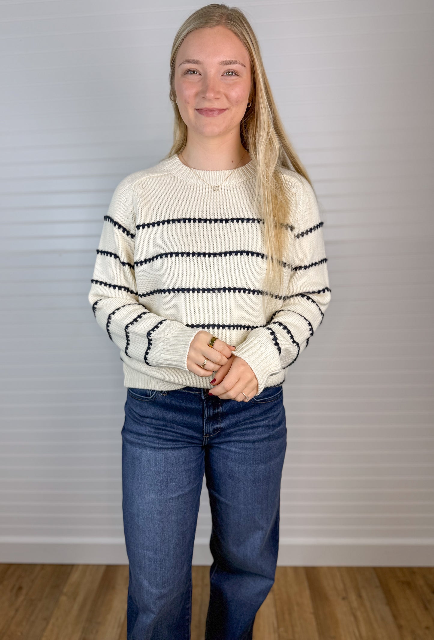 Stitch Striped Crewneck Sweater - Navy/Ivory