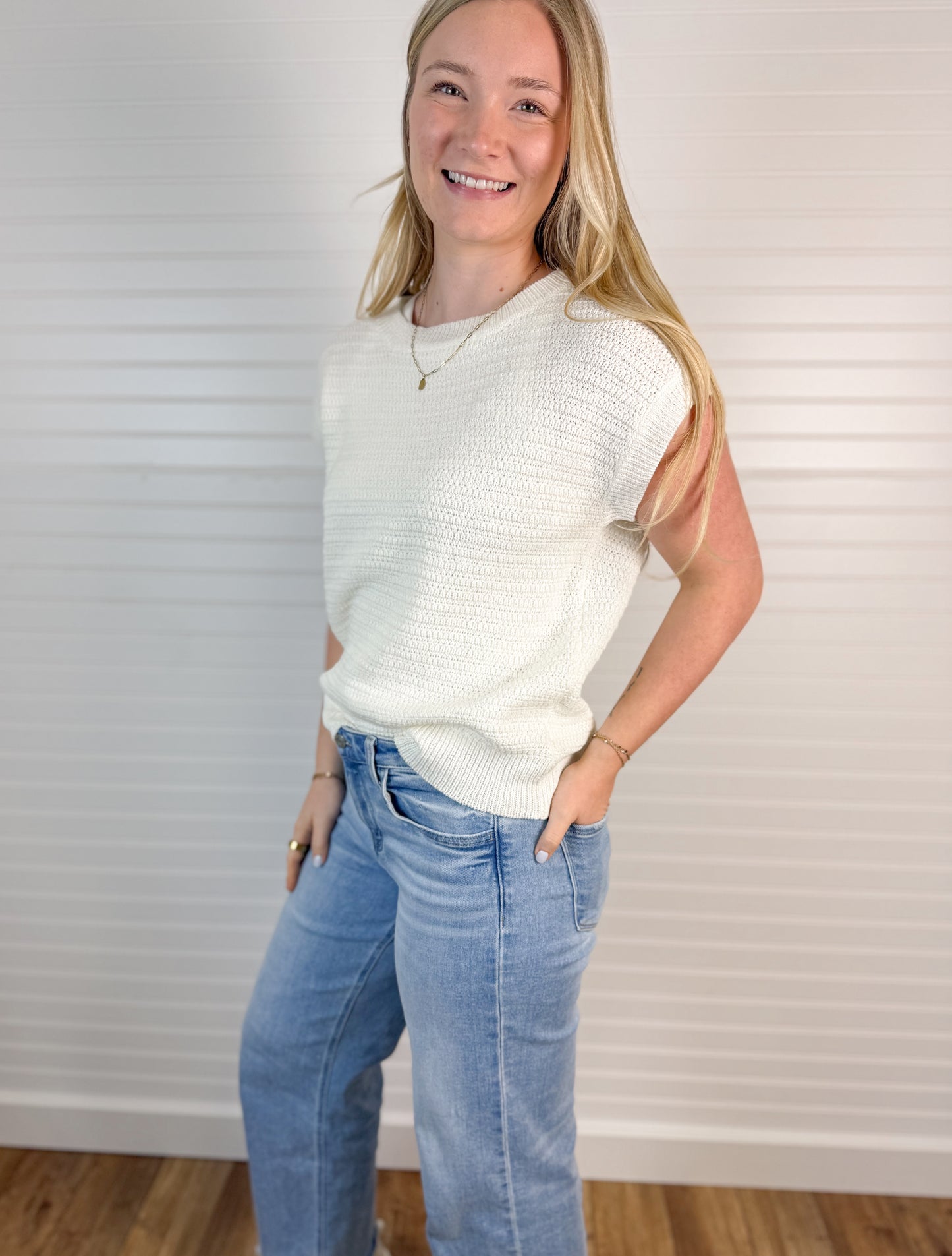 Textured Knit Cap Sleeve Top - Off White