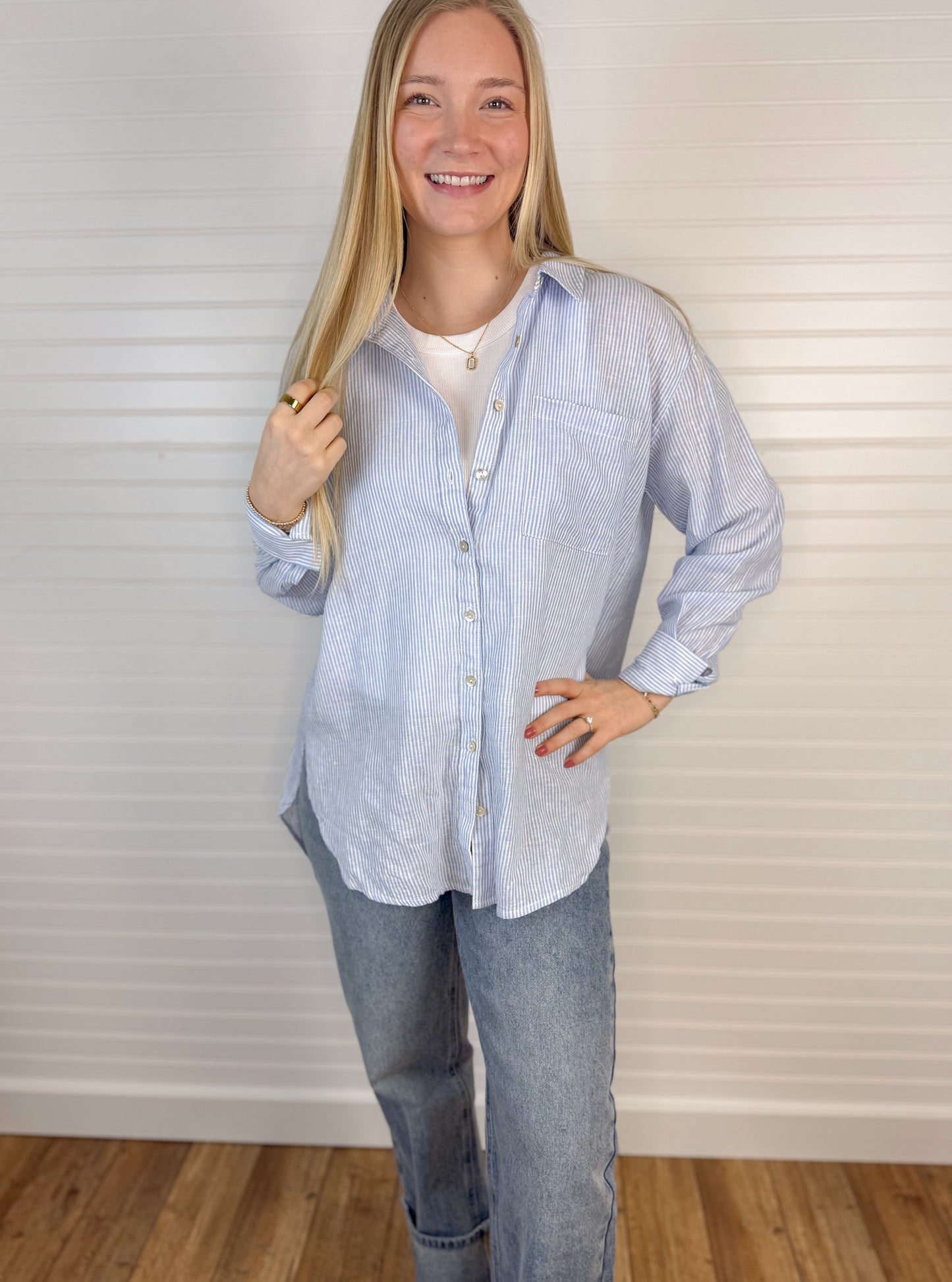Linen Pinstripe Button Up Top - Blue
