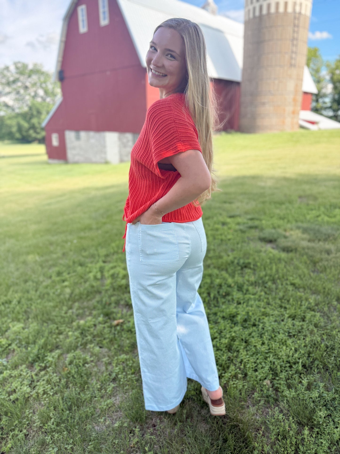 Striped Wide Leg Stretchy Pants - Sky Blue/White