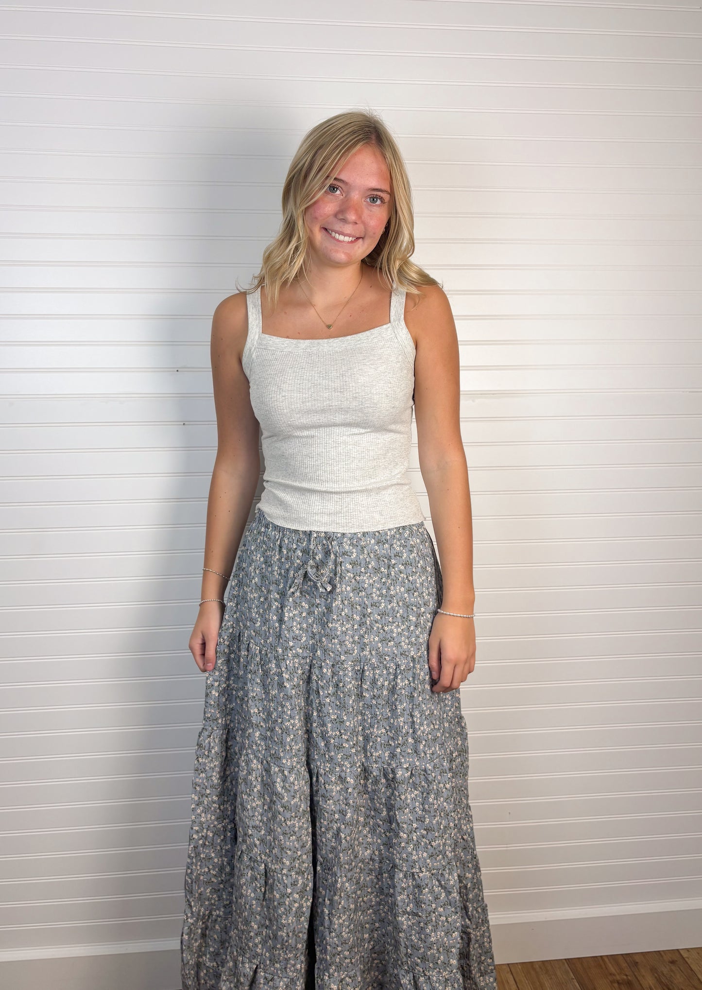 Textured Tiered Floral Skirt - Light Blue