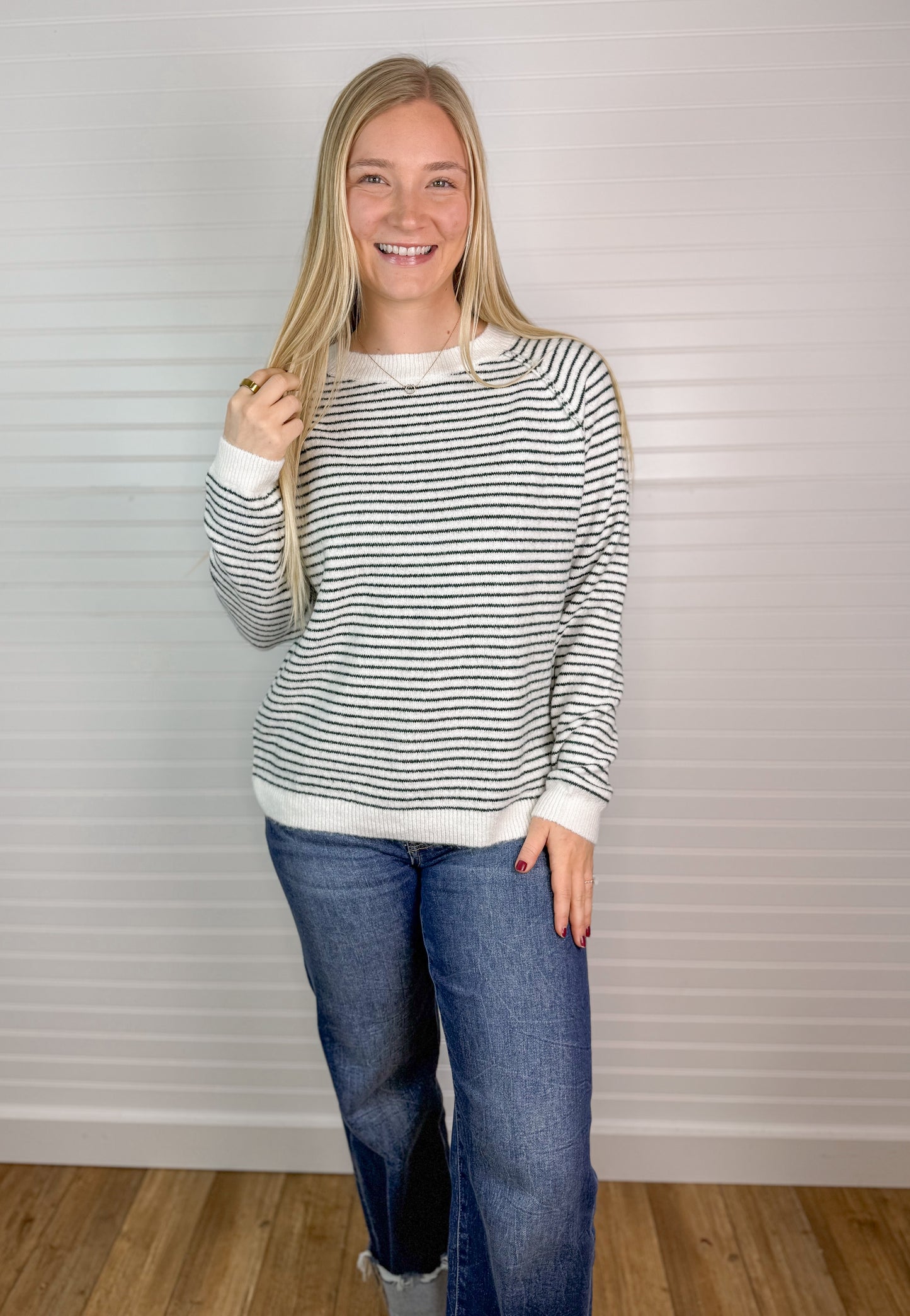 Striped Soft Raglan Sweater - Forest