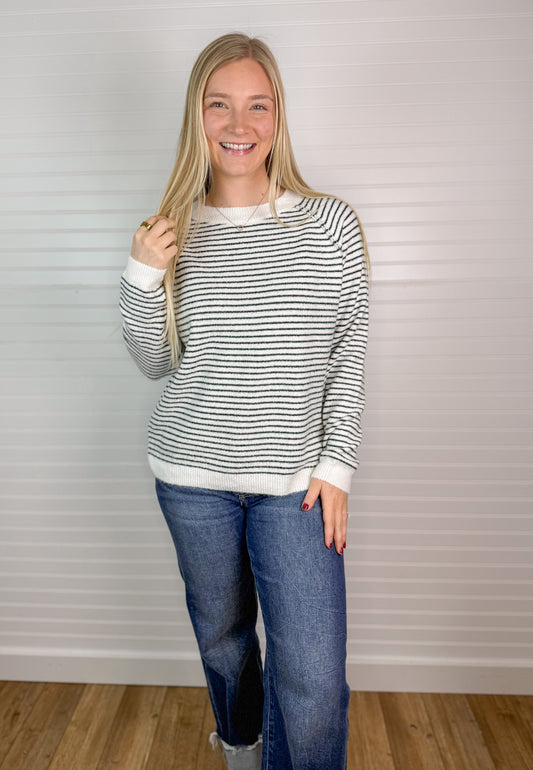Striped Soft Raglan Sweater - Forest