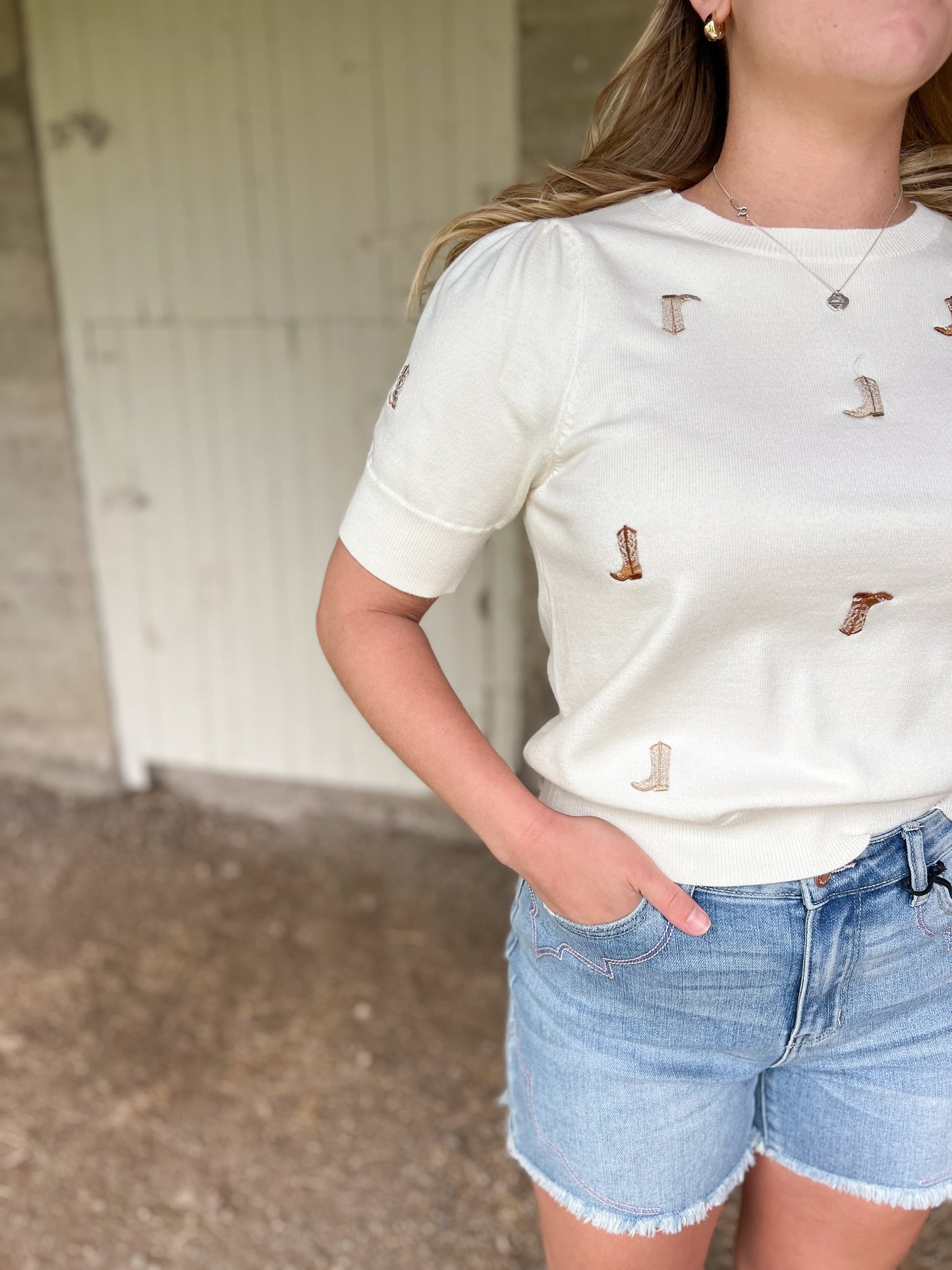 Embroidered Cowboy Boot Top - Cream