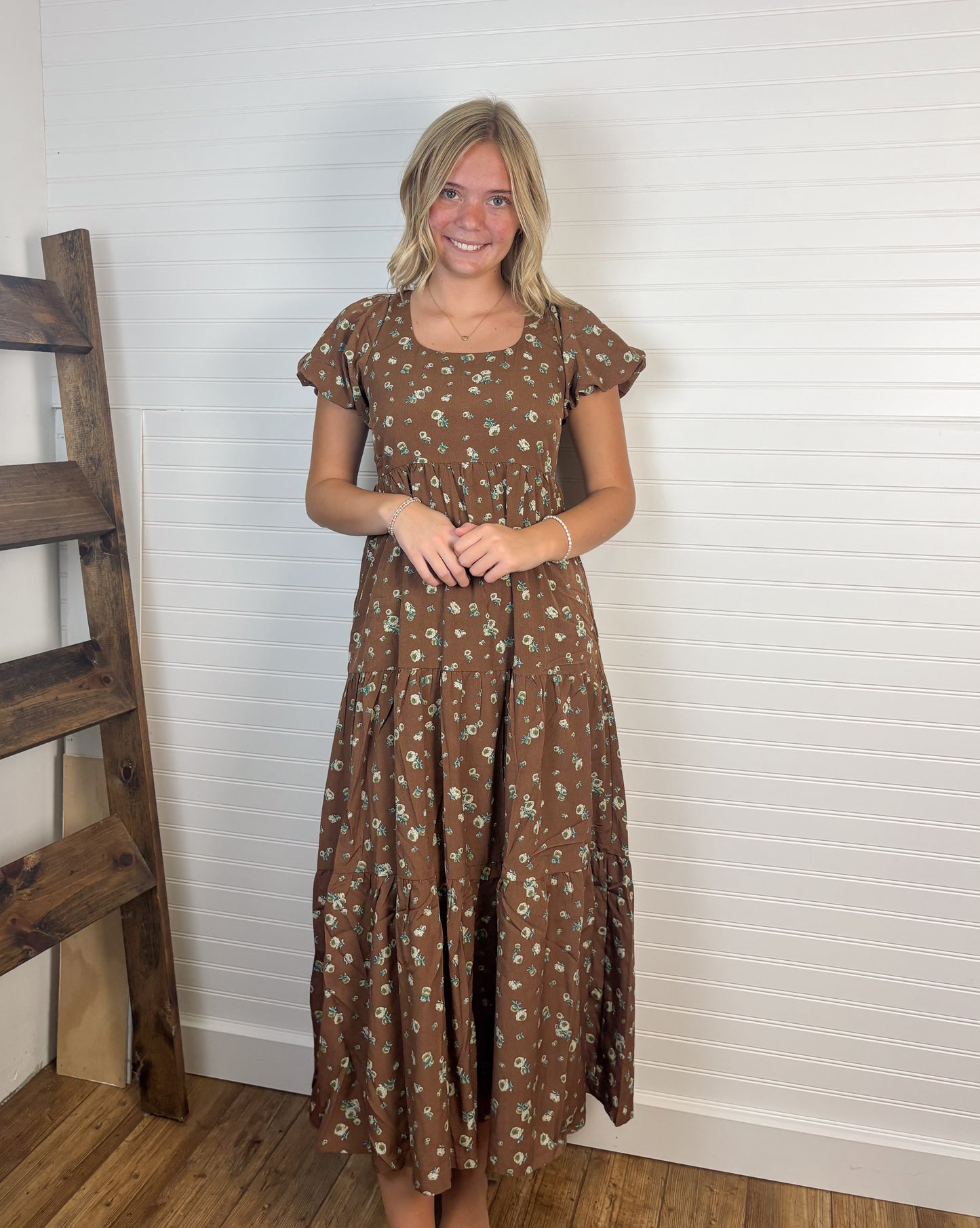 Floral Puff Sleeve Midi Dress - Brown
