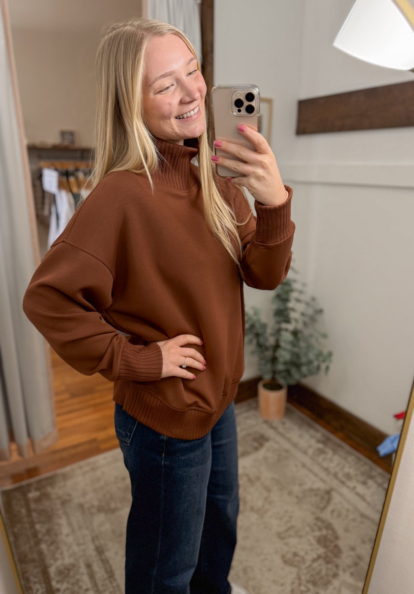 Modal Scuba Ribbed Mock Neck Pullover - Chestnut