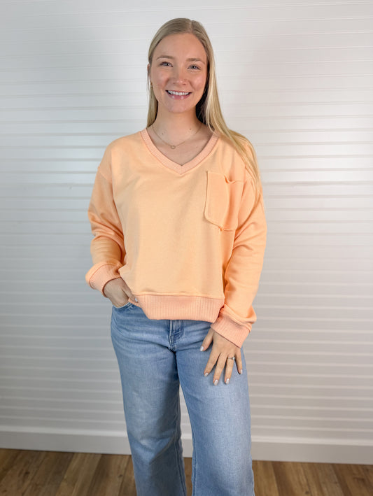 V-Neck Front Pocket Pullover - Peach