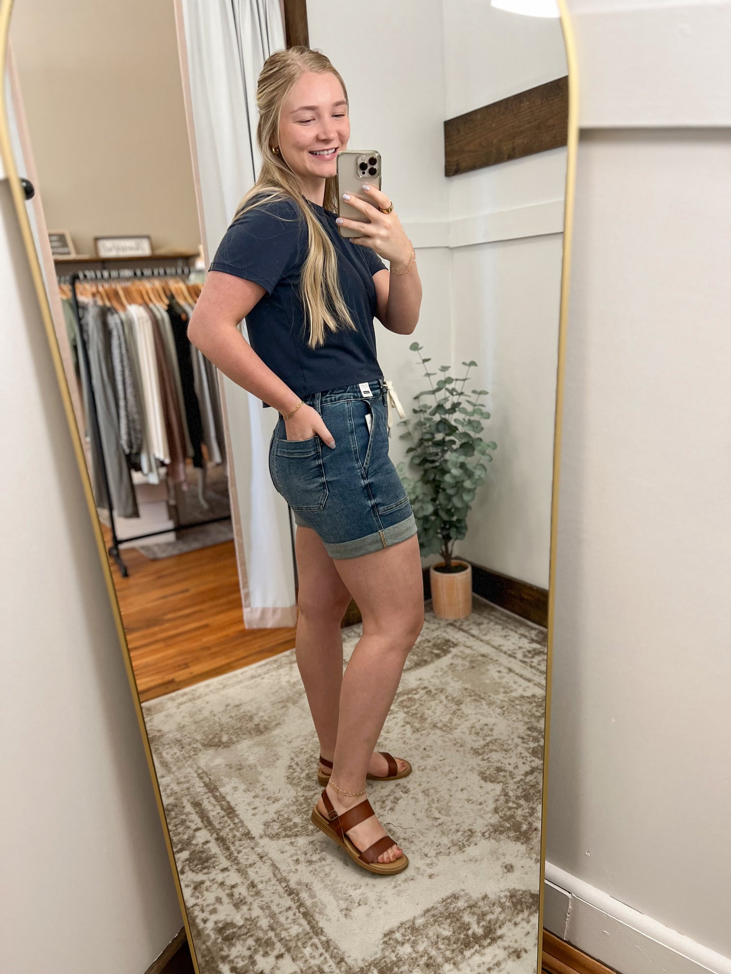 Cuffed Drawstring Denim Shorts - Dark