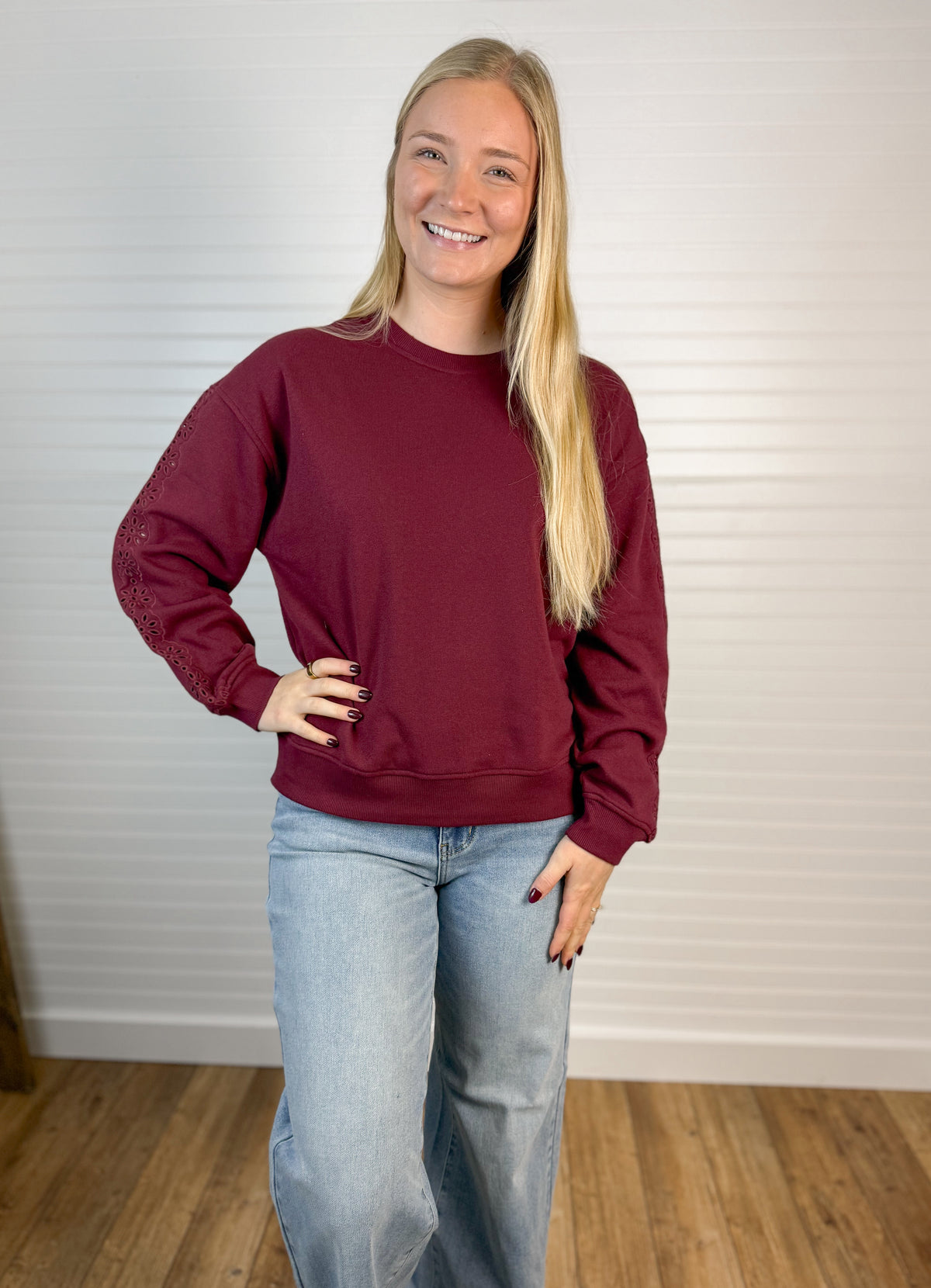 Embroidered Sleeve Detail Top - Maroon