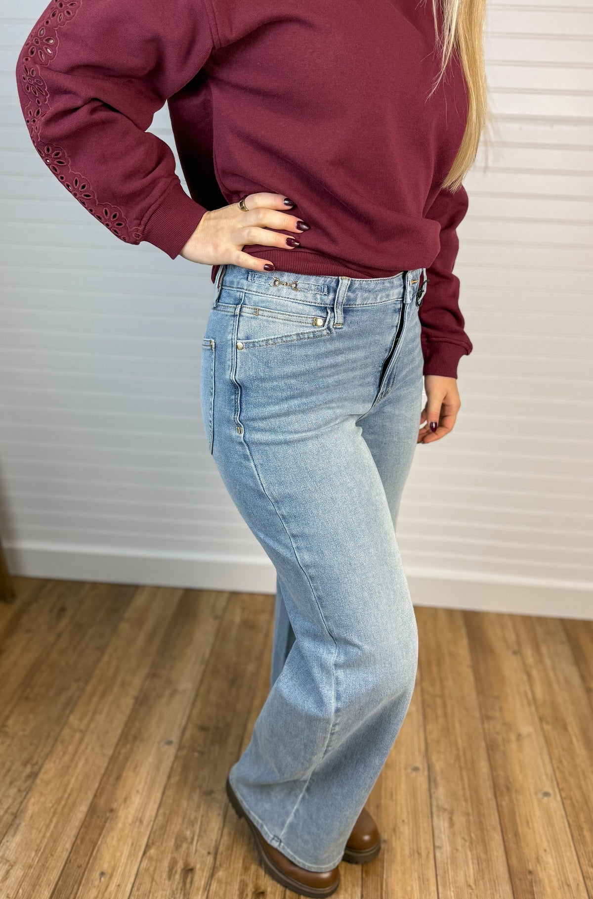High Waist Harness Trim Straight Denim - Light Wash