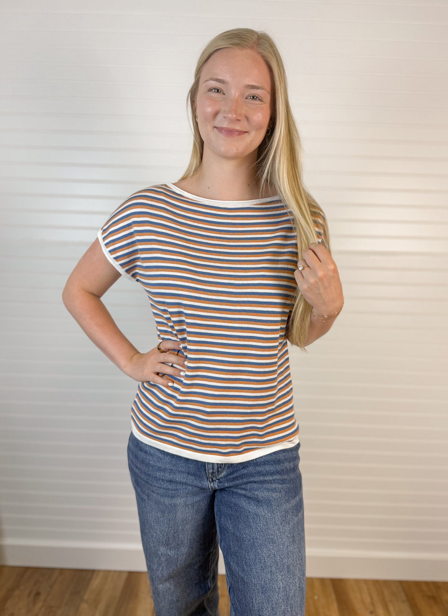 Striped Soft Cap Sleeve Top - Blue/Copper