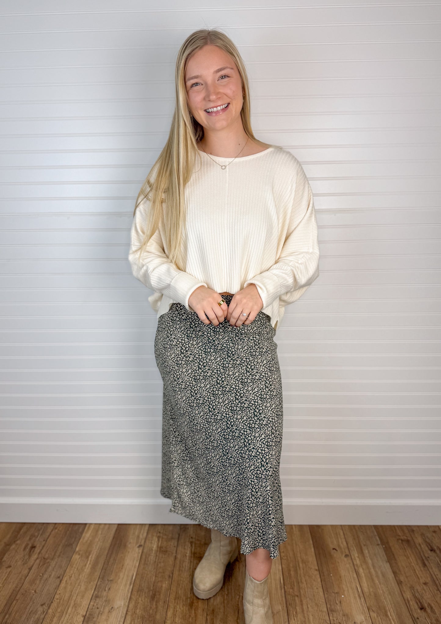 Foral Elastic Waist Midi Skirt - Hunter