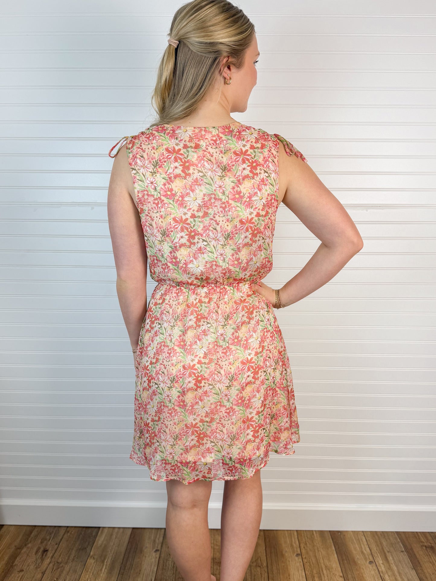 Surplice Shoulder Detail Floral Mini Dress - Blush/Red