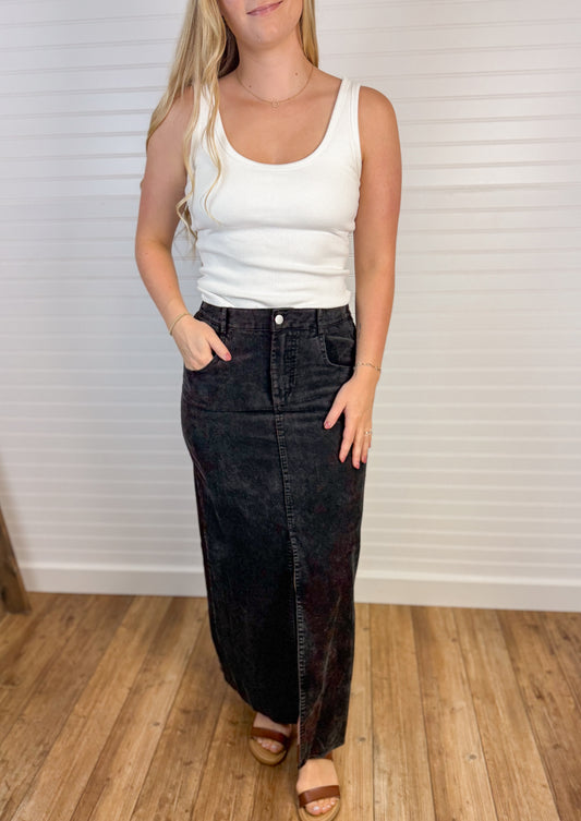 Washed Cotton Corduroy Skirt  - Black