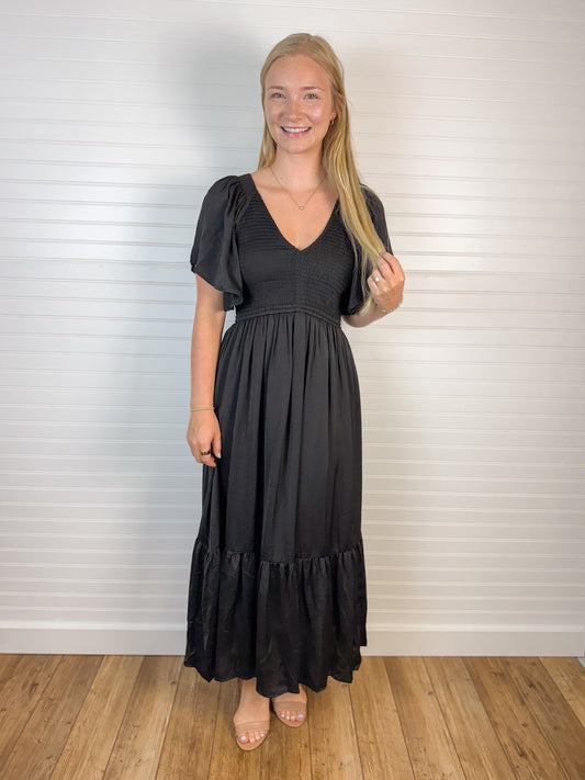 Smocked Waist Satin Midi Dress - Black