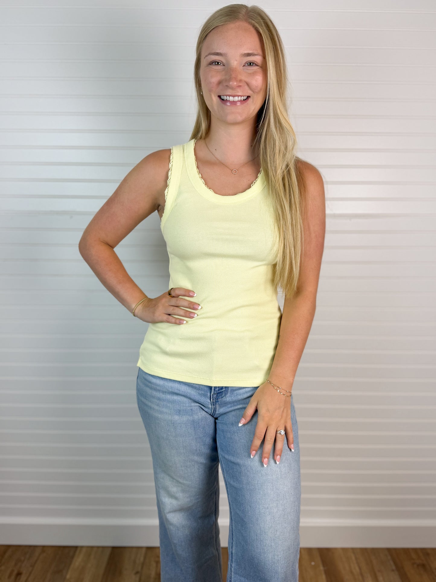 Lace Trim Ribbed Knit Tank - Lemon