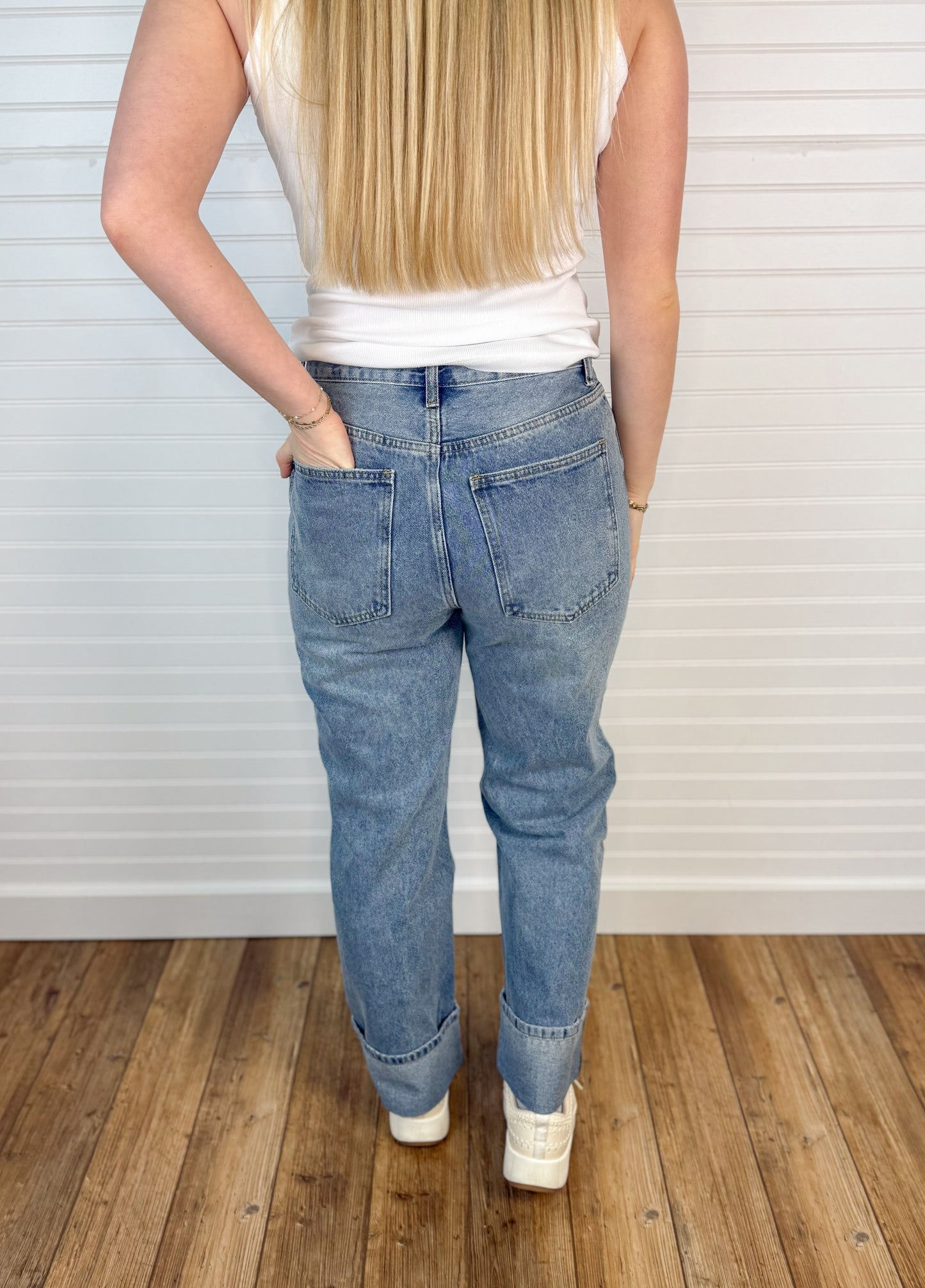 Cuffed Boyfriend Cotton Denim Pants