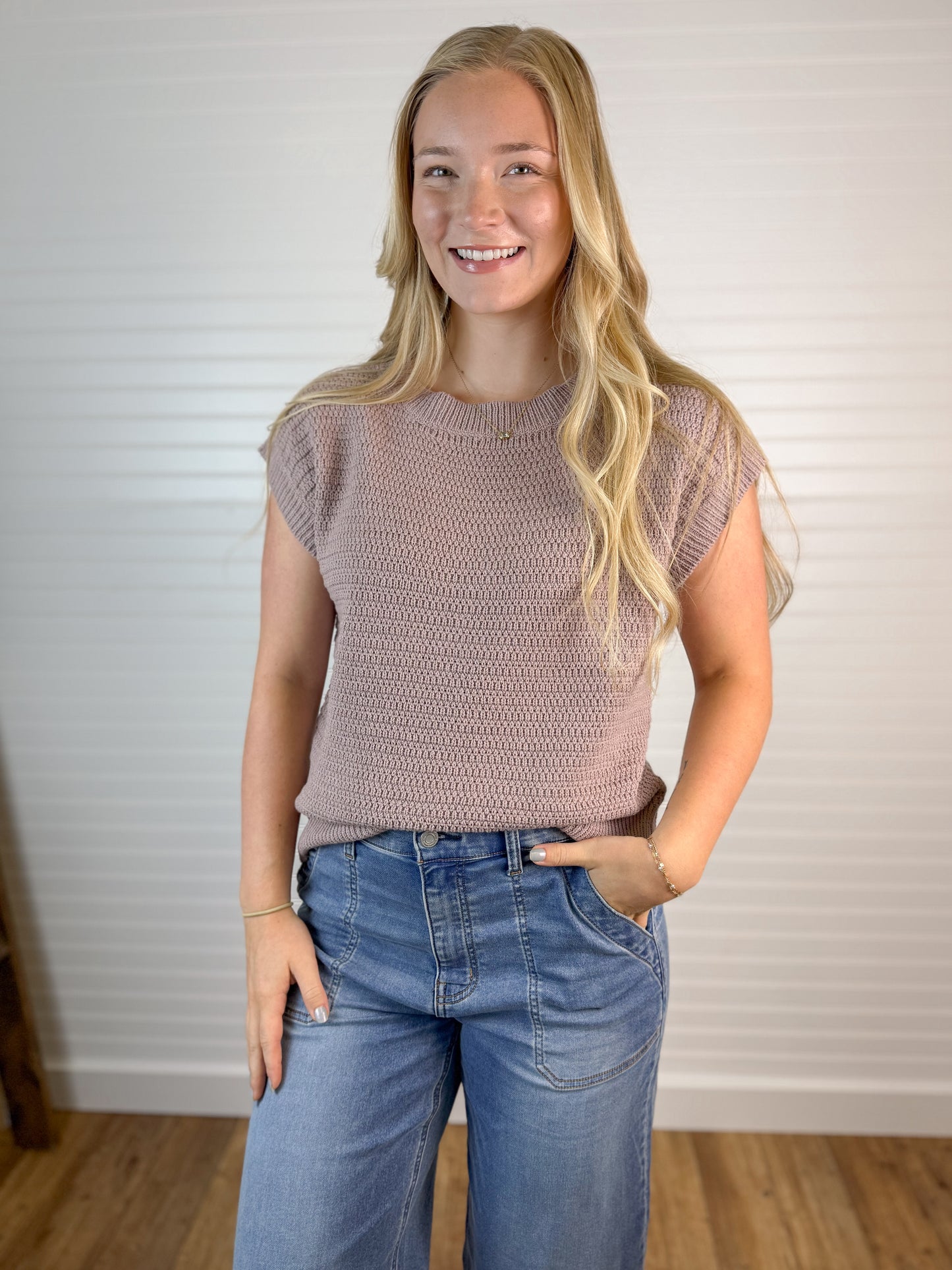 Textured Knit Cap Sleeve Top - Lilac