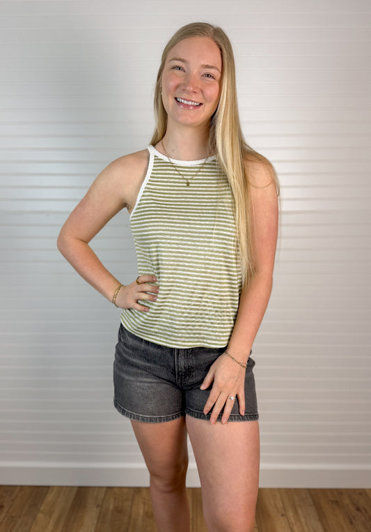 Linen Blend Striped Tank - Kiwi