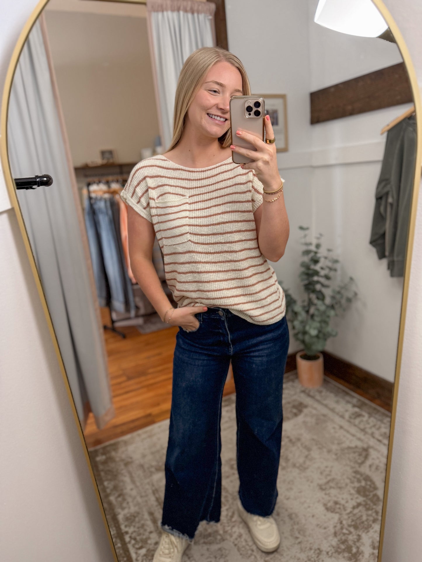 Striped Knit Boat Neck Top - Ivory/Terracotta
