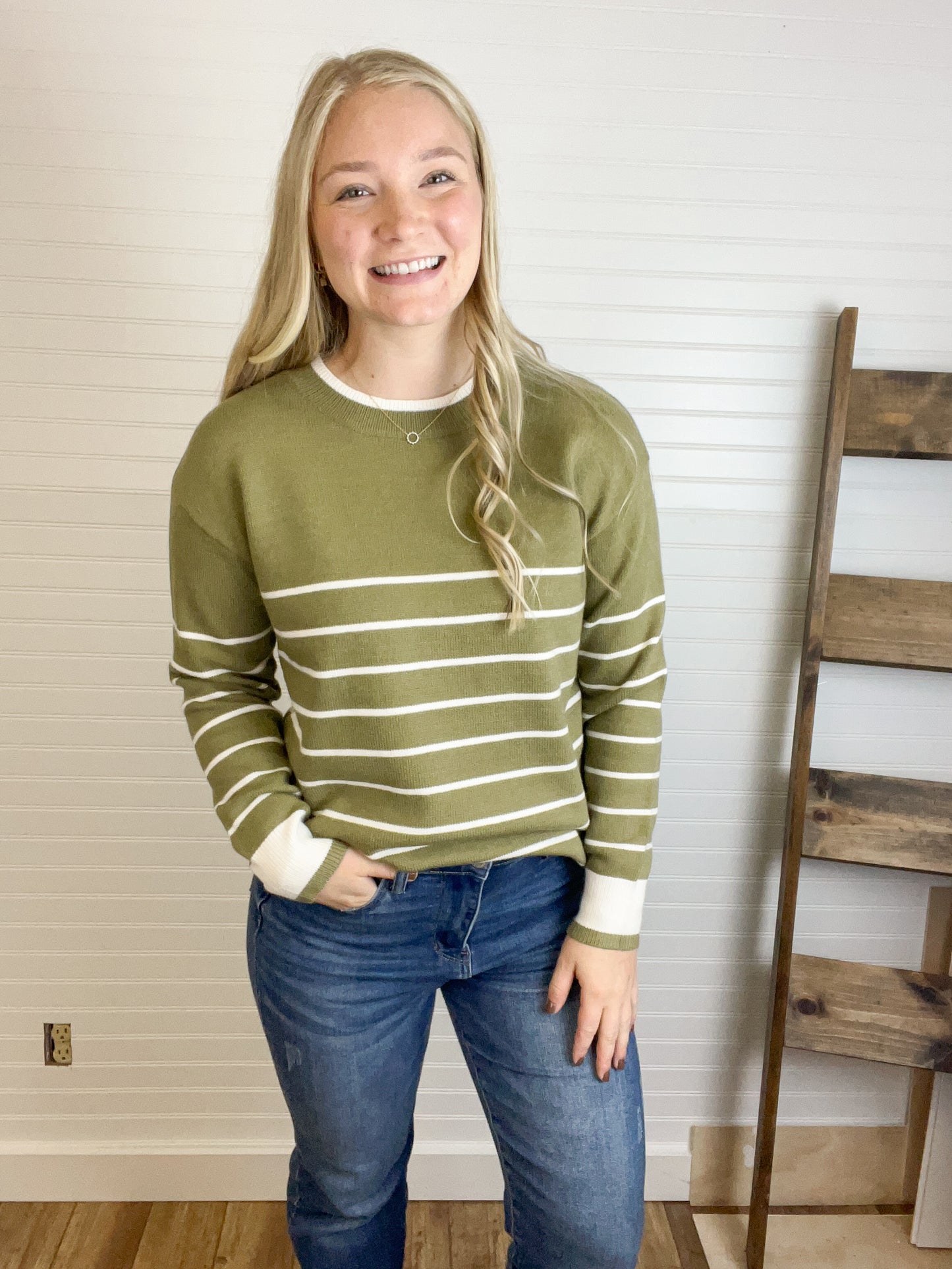 Striped Ribbed Neck Sweater - Olive/Beige