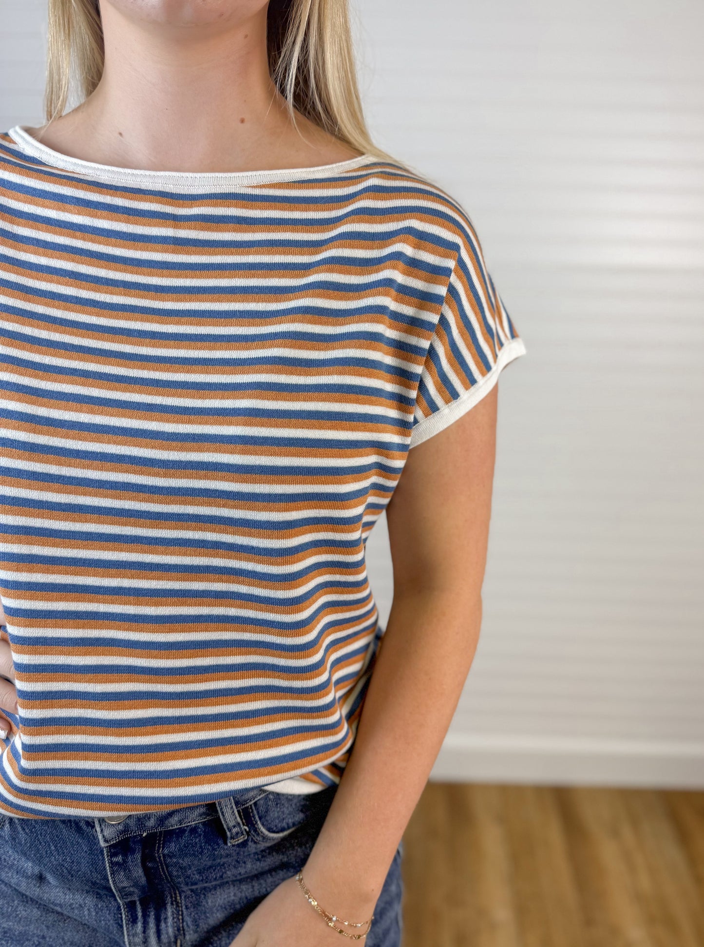 Striped Soft Cap Sleeve Top - Blue/Copper