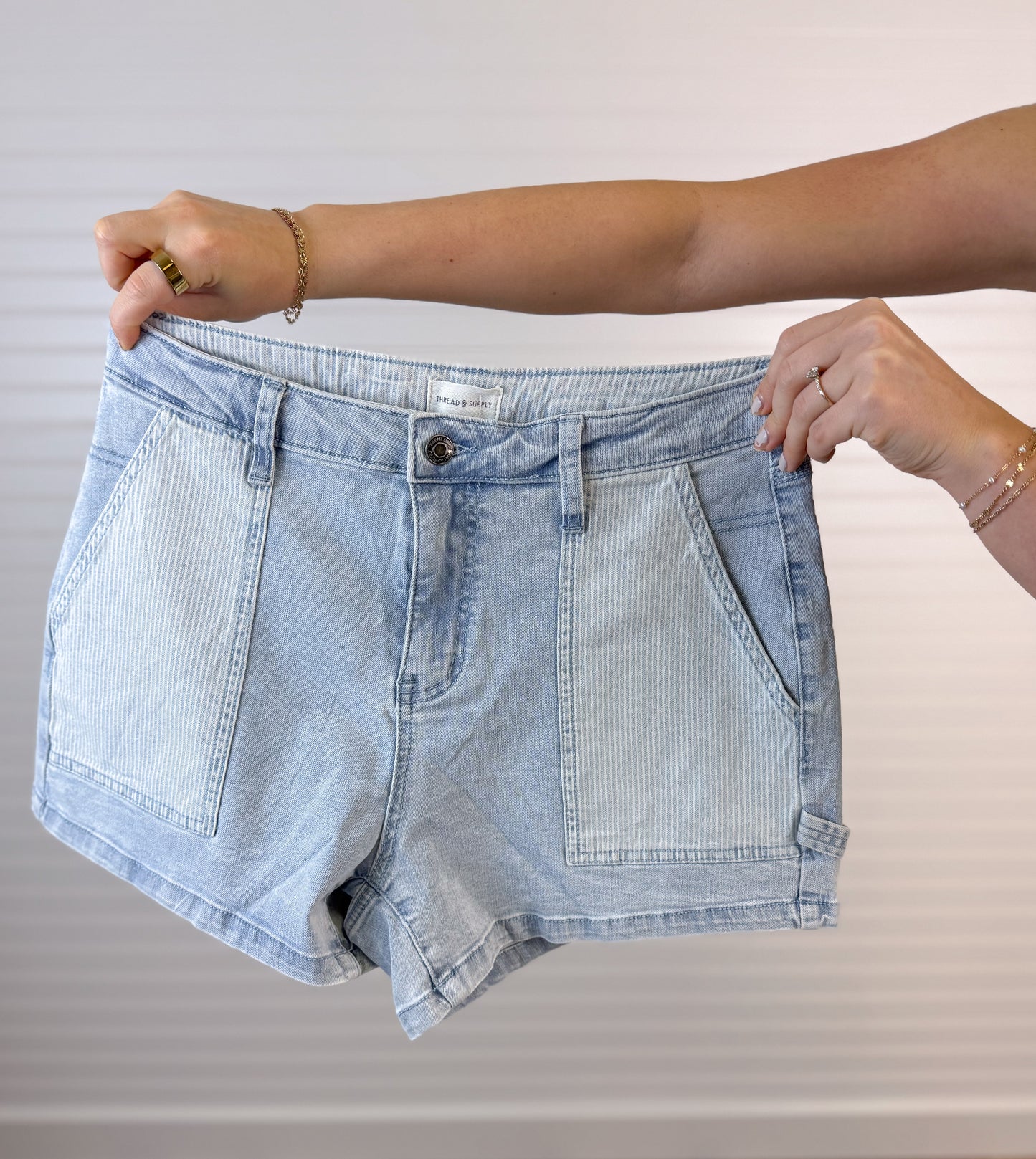 Cotton Blend Stripe Contrast Shorts - Blue/White