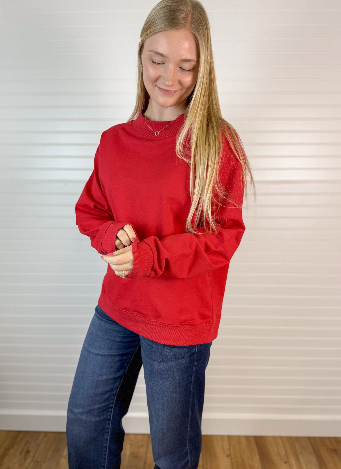 Mock Neck Terry Sweatshirt - Crimson
