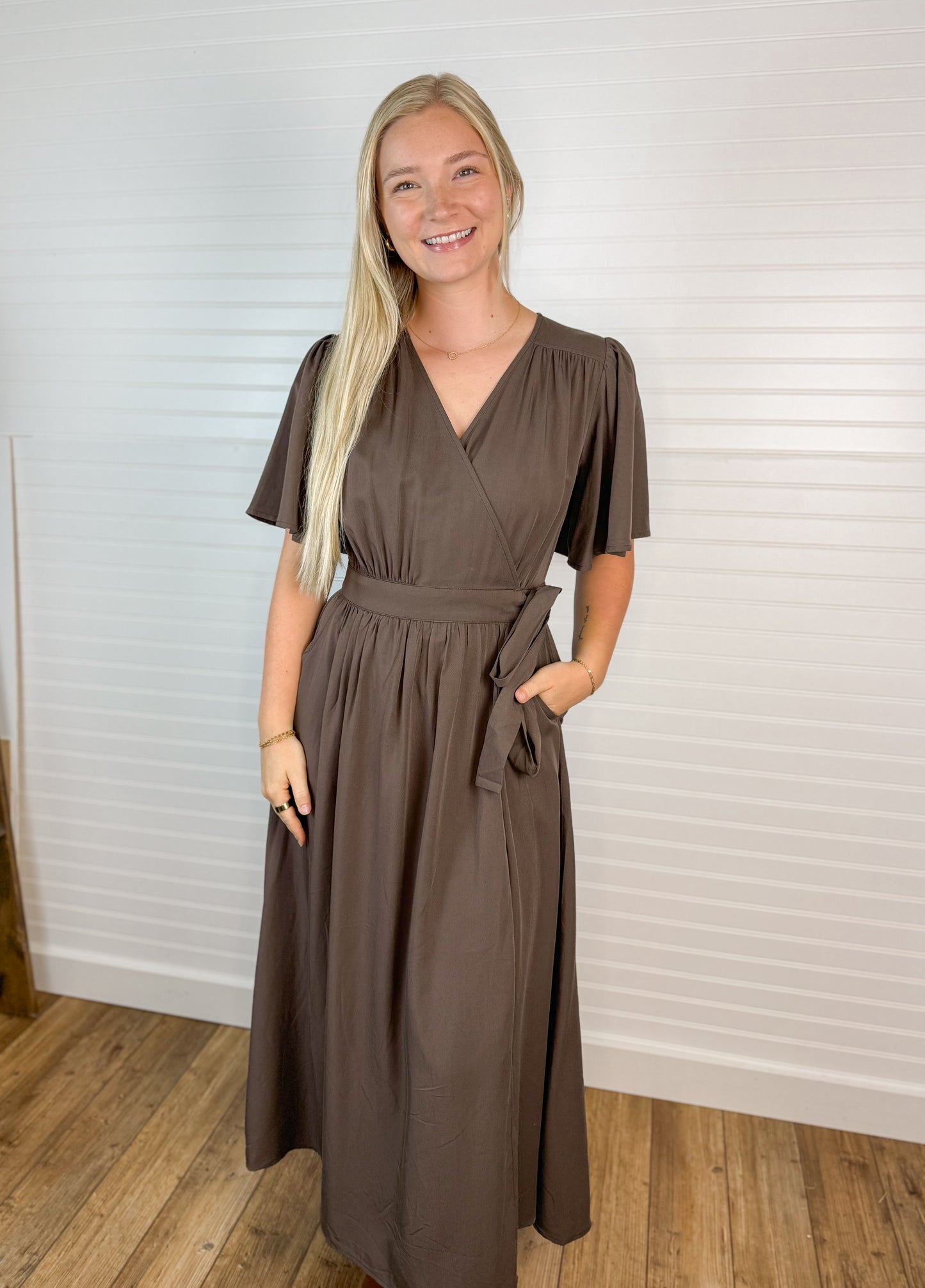 Flutter Sleeve Wrap Midi Dress - Espresso