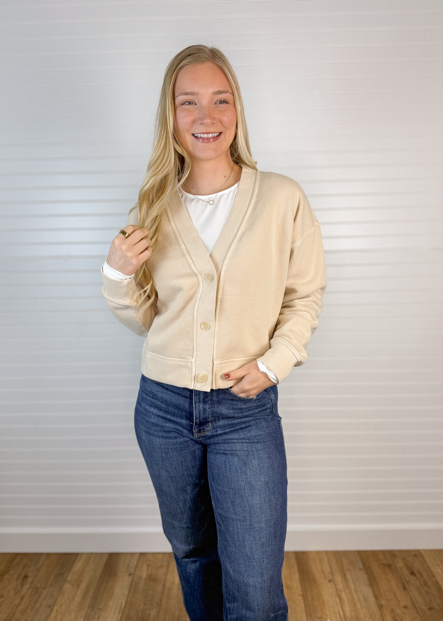 Brushed Fleece Button Front Cardigan - Oatmeal