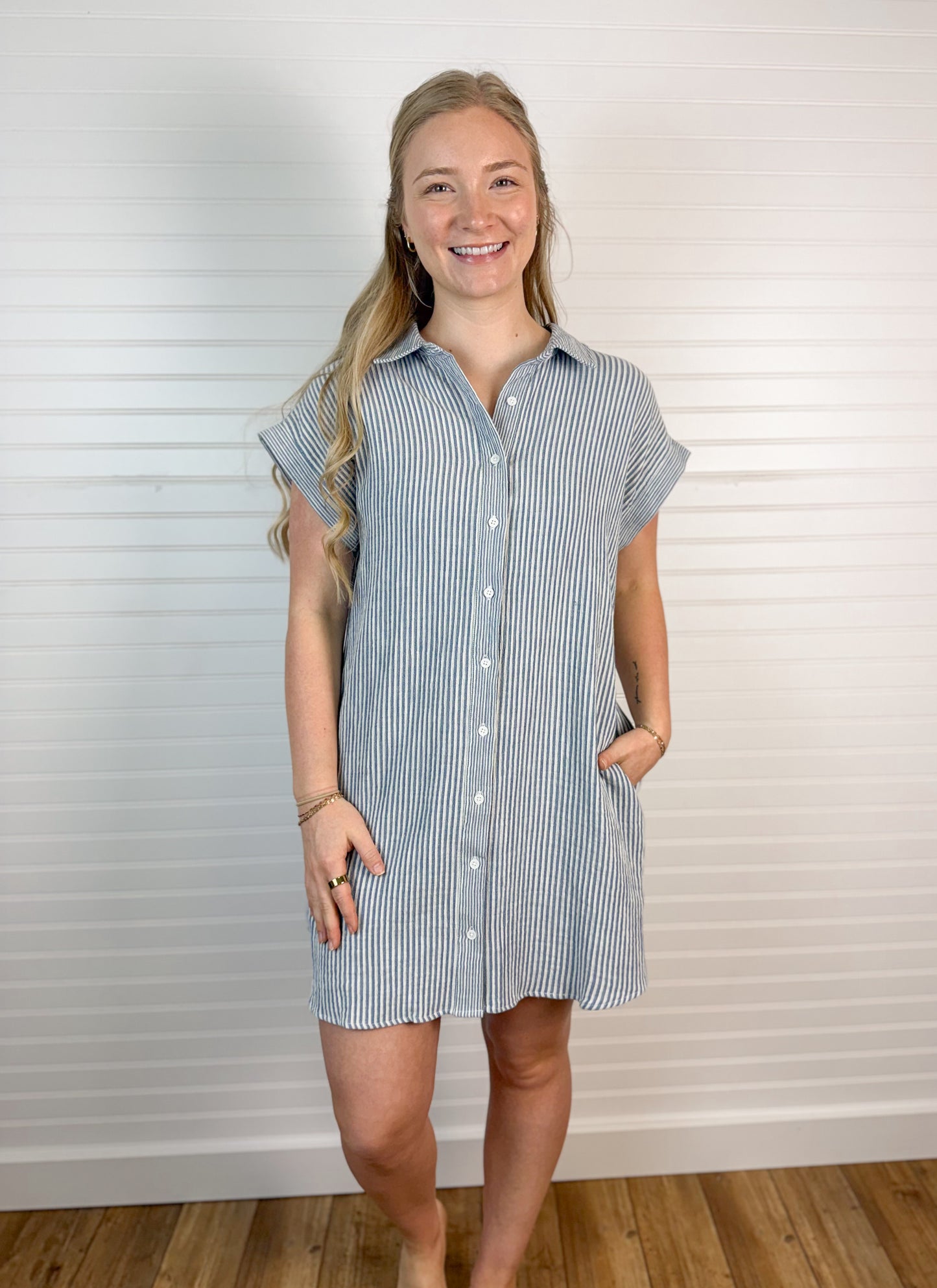 Cotton Striped Button Front Dress - Blue/Ivory